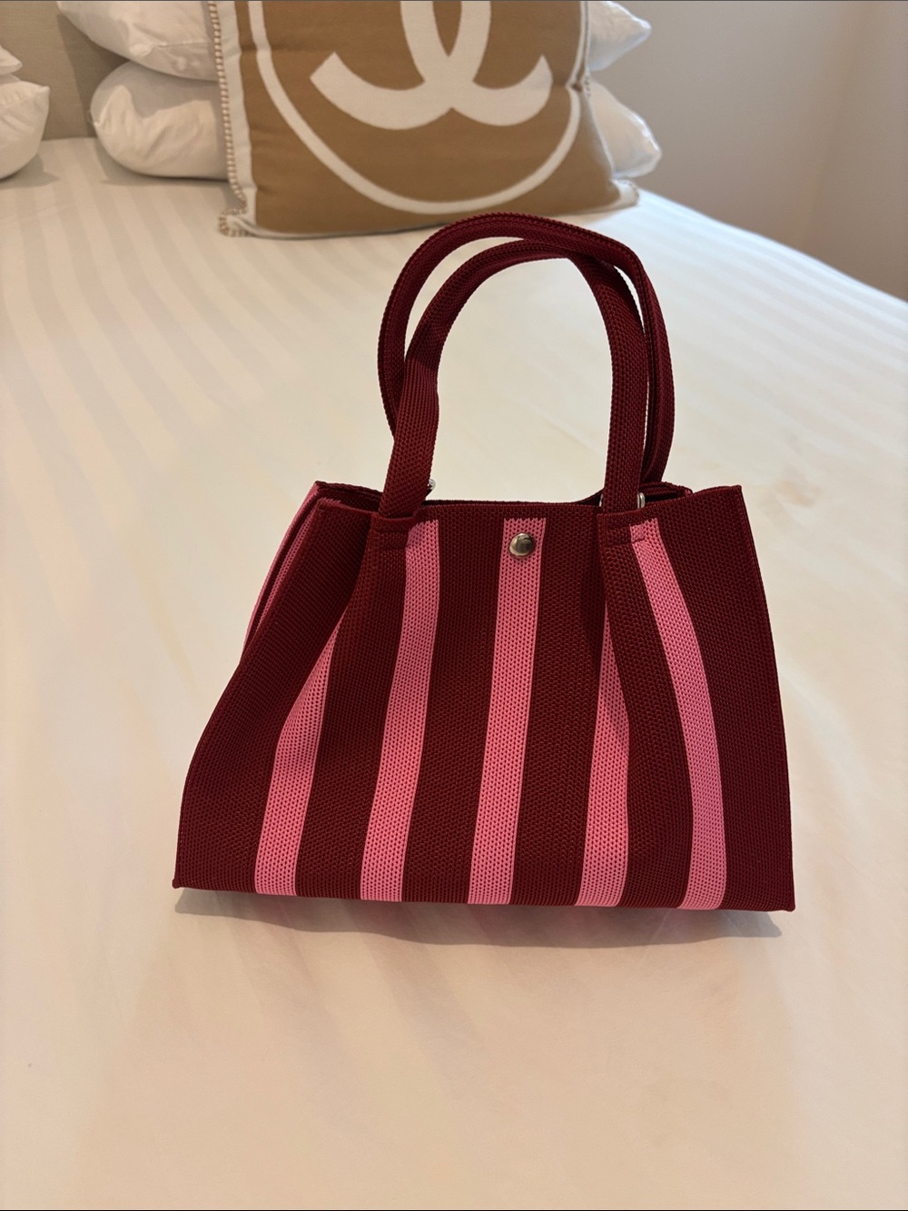 Pink striped knit tote
